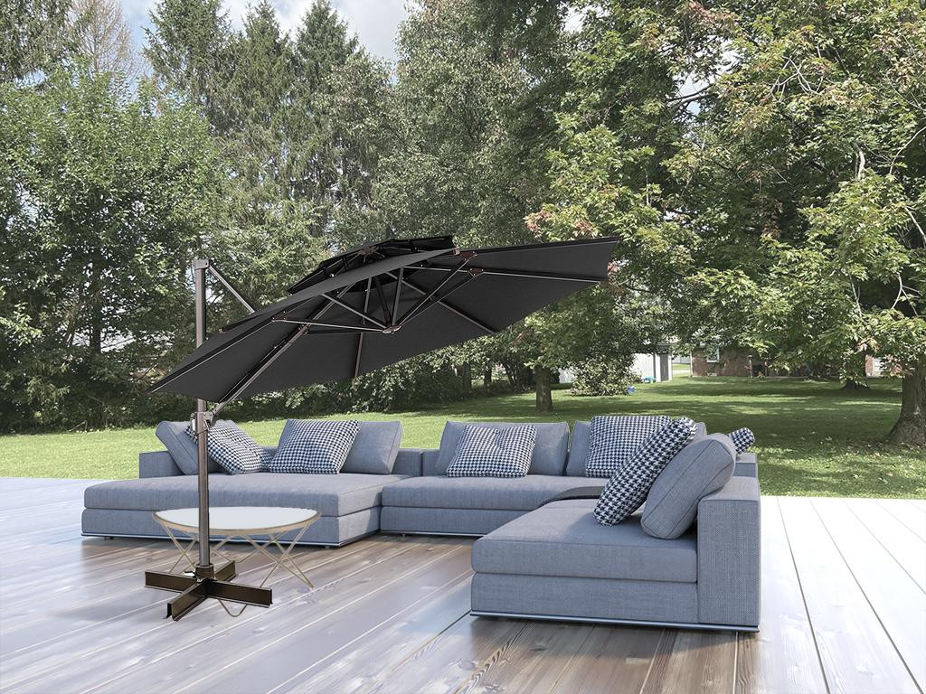 12' Black Polyester Round Tilt Cantilever Patio Umbrella With Stand - Image 5
