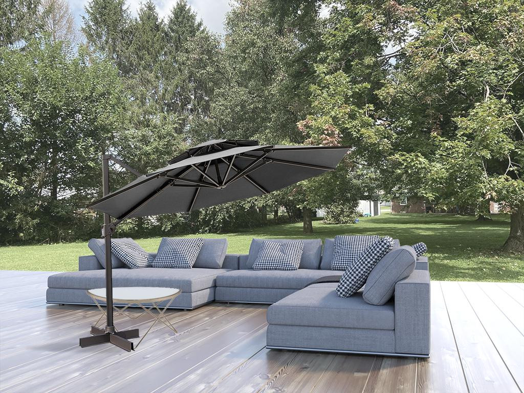 12' Dark Gray Polyester Round Tilt Cantilever Patio Umbrella With Stand - Image 3
