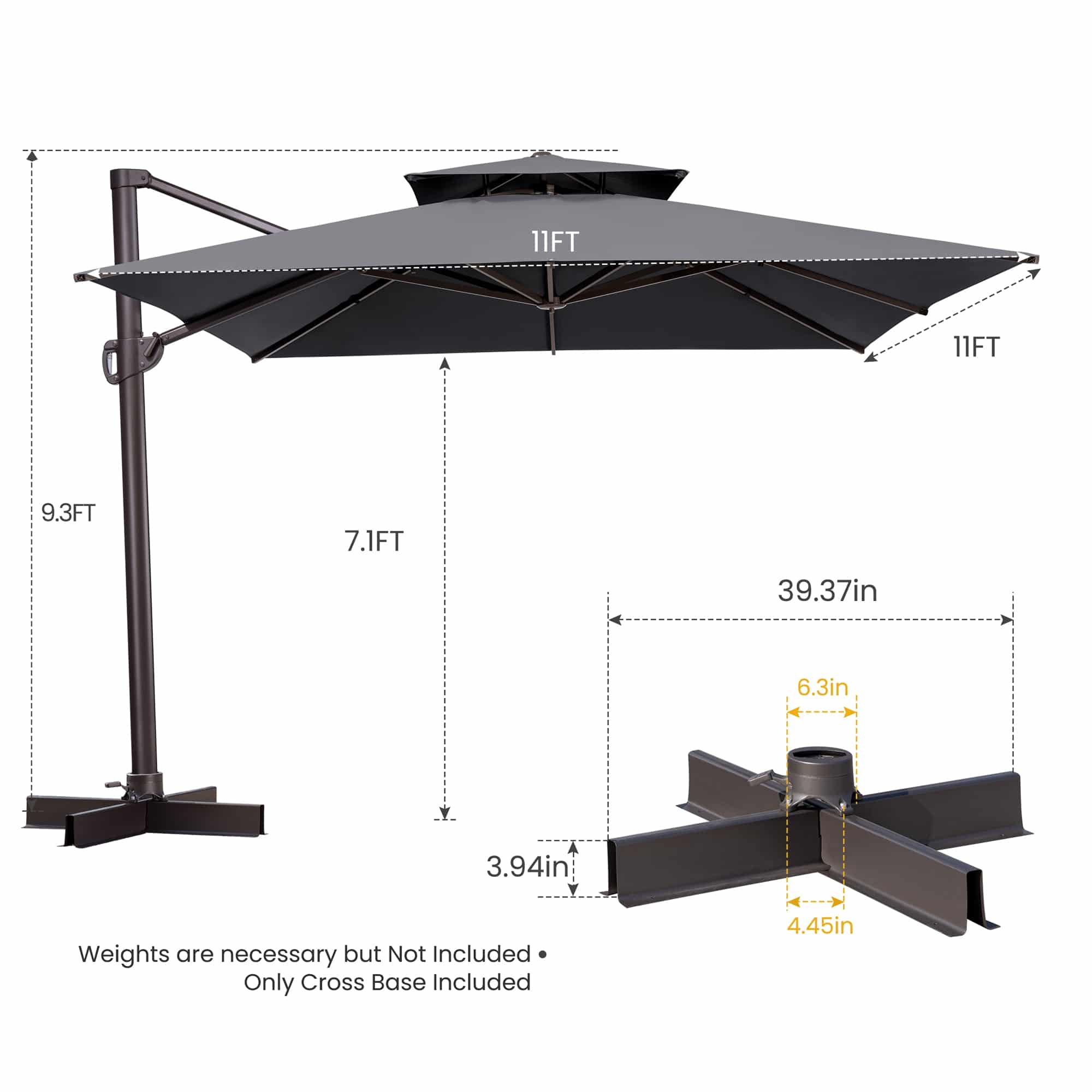 11' Dark Gray Polyester Square Tilt Cantilever Patio Umbrella With Stand - Image 5