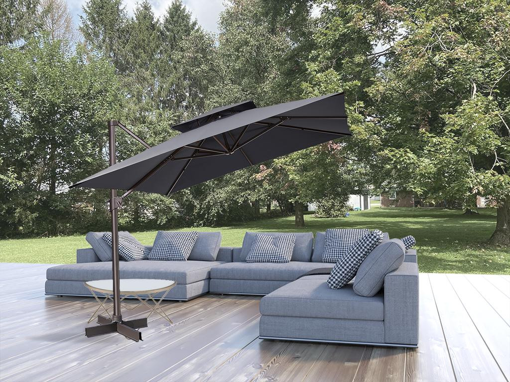 11' Dark Gray Polyester Square Tilt Cantilever Patio Umbrella With Stand - Image 3