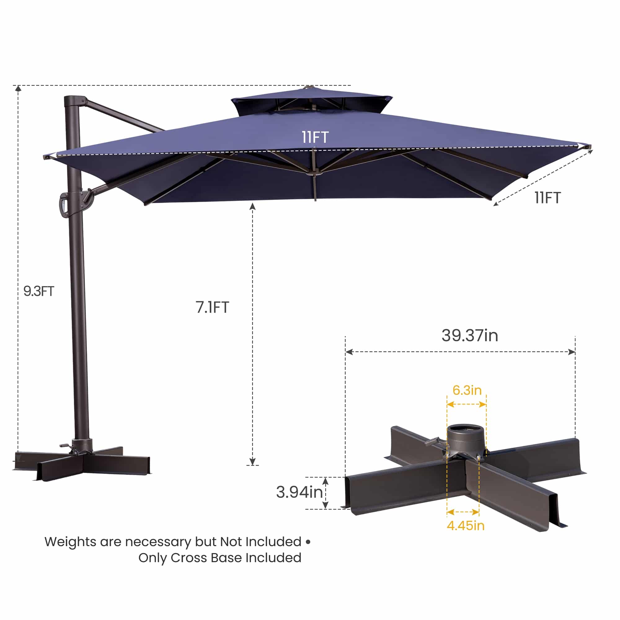 11' Navy Blue Polyester Square Tilt Cantilever Patio Umbrella With Stand - Image 4