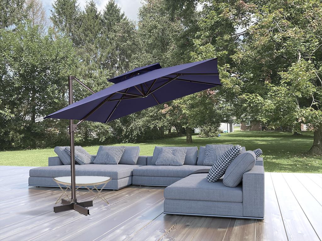 11' Navy Blue Polyester Square Tilt Cantilever Patio Umbrella With Stand - Image 2