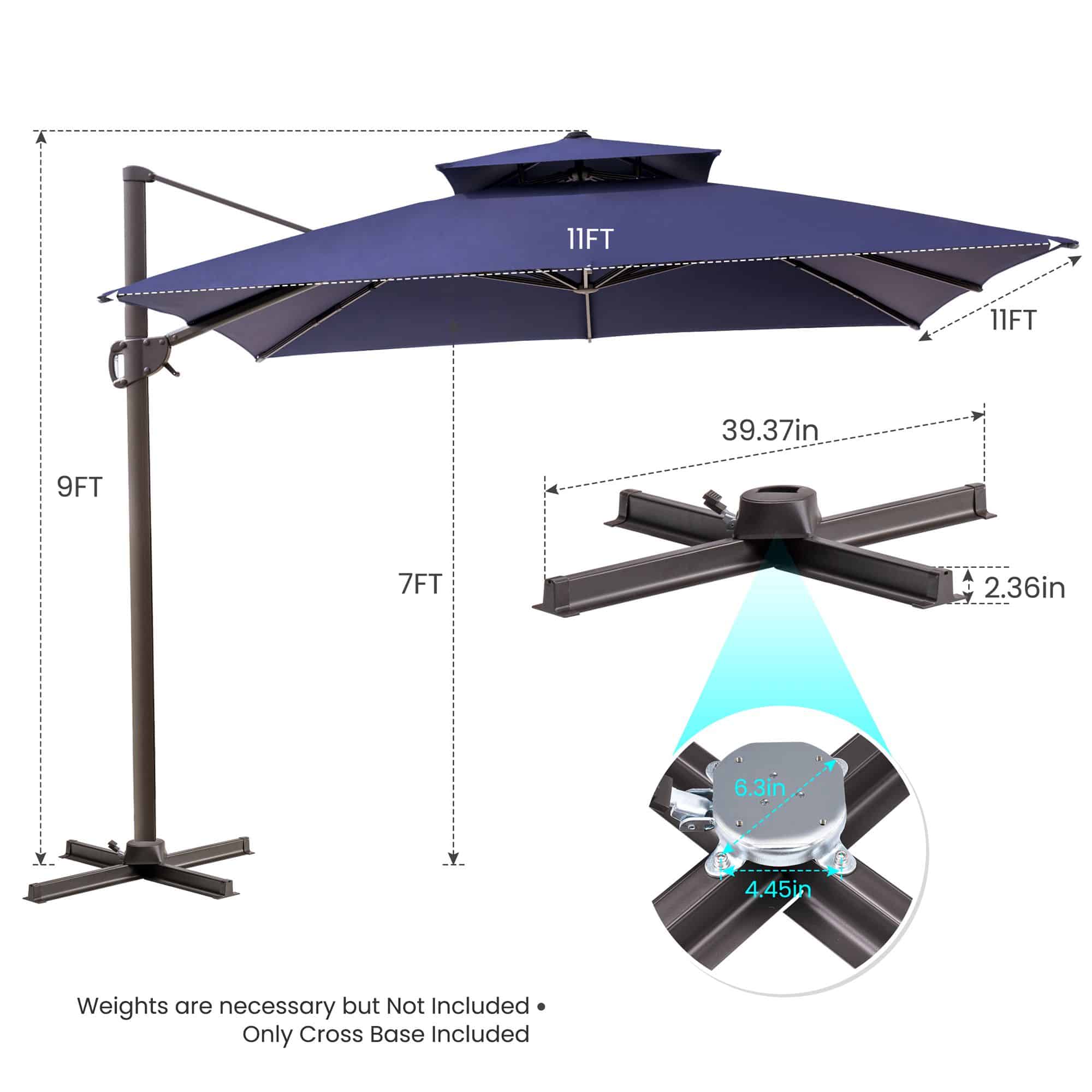 11' Navy Blue Polyester Round Tilt Cantilever Patio Umbrella With Stand - Image 4