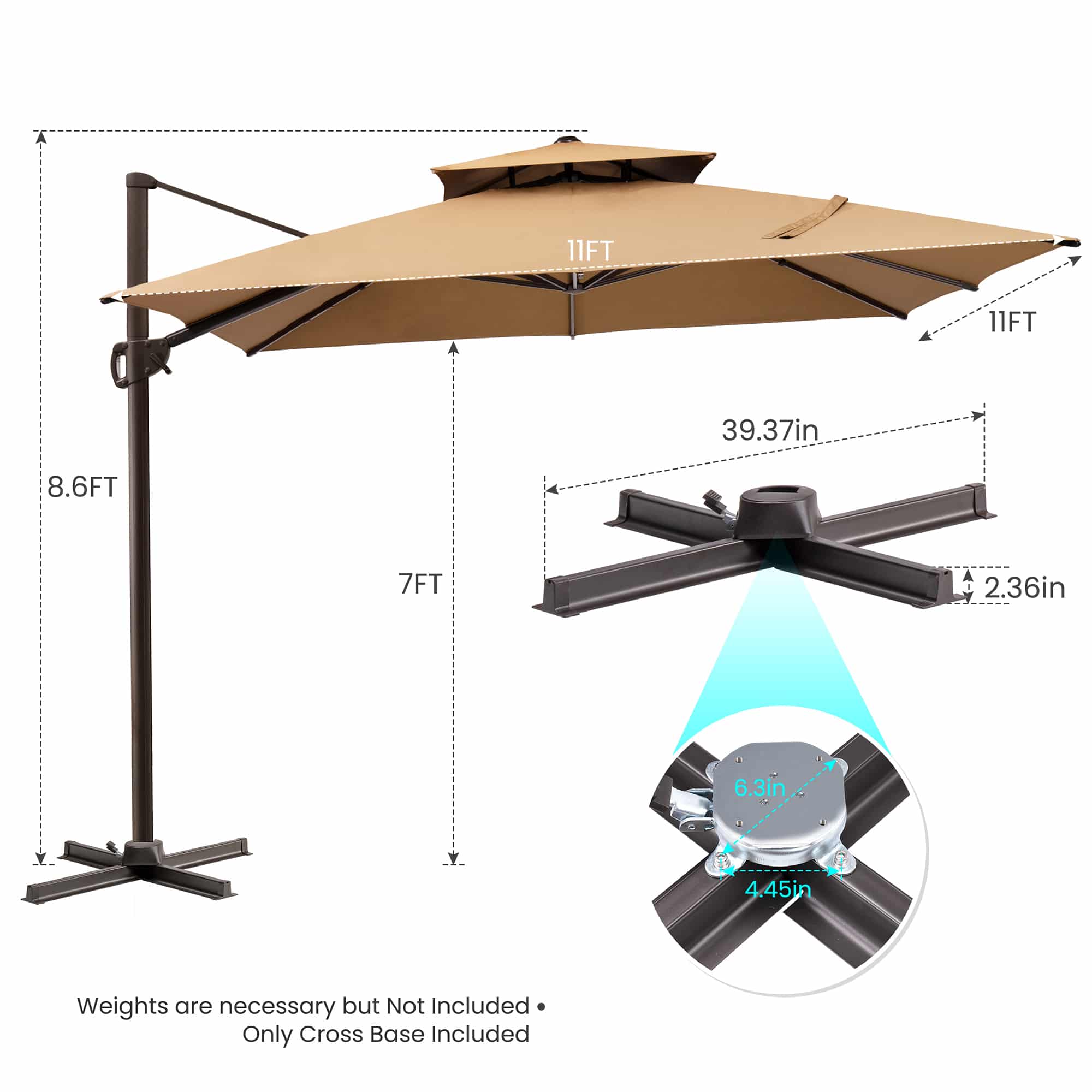 11' Tan Polyester Round Tilt Cantilever Patio Umbrella With Stand - Image 5