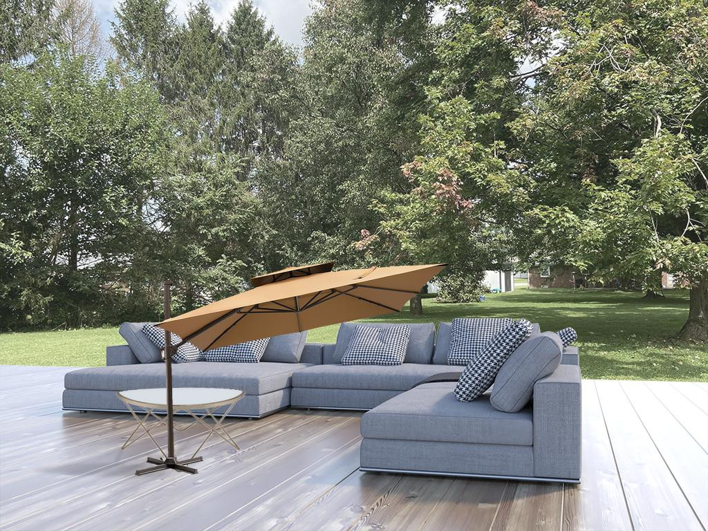 11' Tan Polyester Round Tilt Cantilever Patio Umbrella With Stand - Image 3