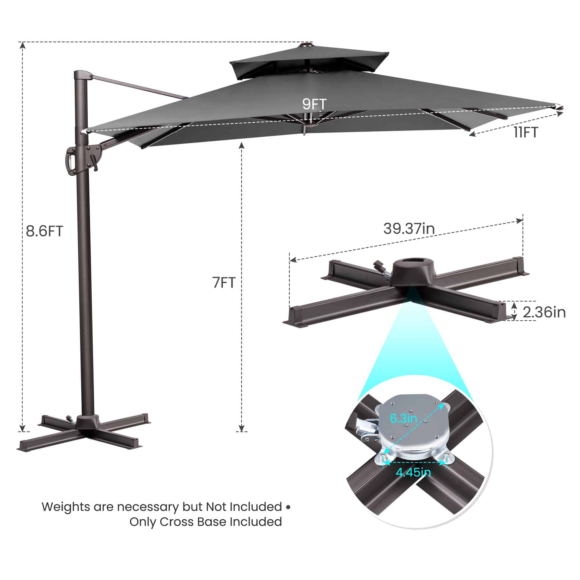 11' Dark Gray Polyester Round Tilt Cantilever Patio Umbrella With Stand - Image 4